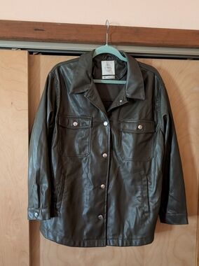 Women's Faux Leather Button-Front Jacket in Dark Olive